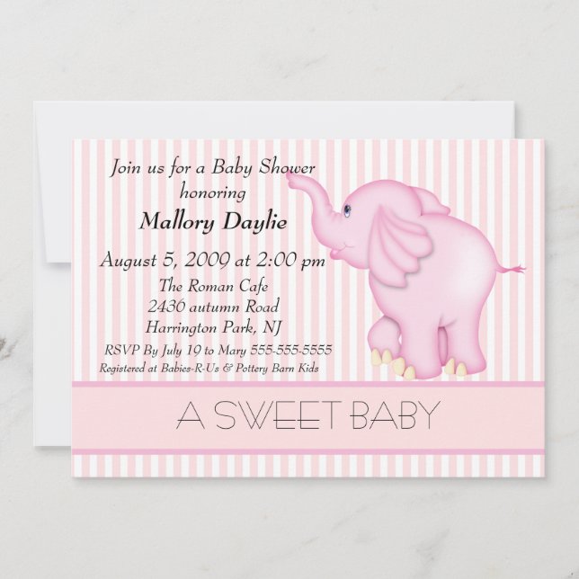 Baby Light Pink Elephant Babydusche Einladung (Vorderseite)