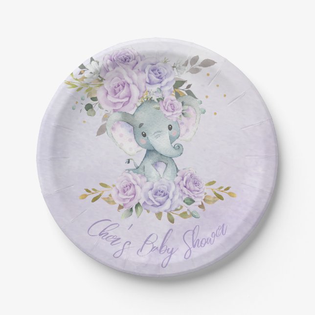 Baby Lila Floral Elefanten Twins Baby Dusche Pappteller (Vorderseite)