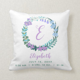 Baby Lilac Blue Green Birth Stats Floral Wreath Kissen
