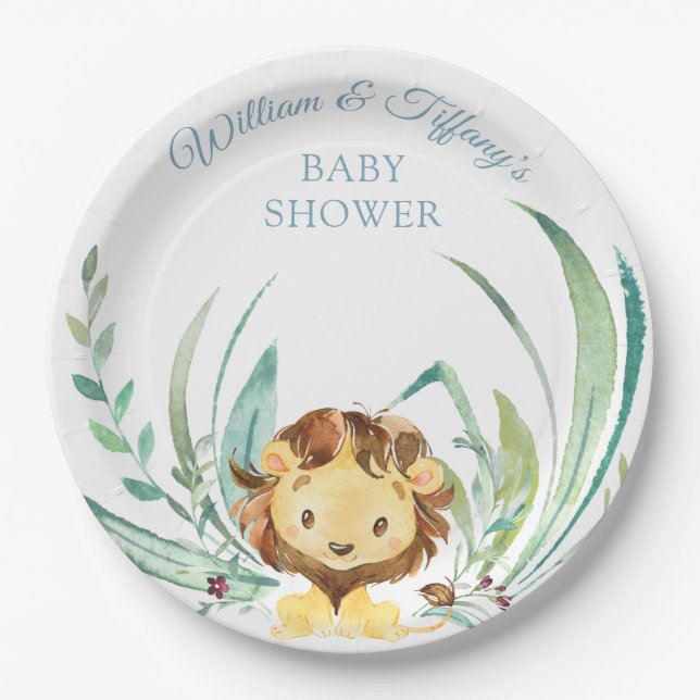 Baby Lion Cub Dusty Blue Baby Dusche Pappteller (Vorderseite)