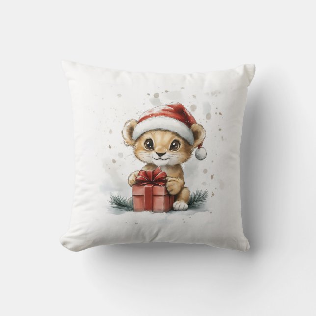 Baby Lion in Weihnachtsmannmütze mit Geschenk Wint Kissen (Vorderseite)