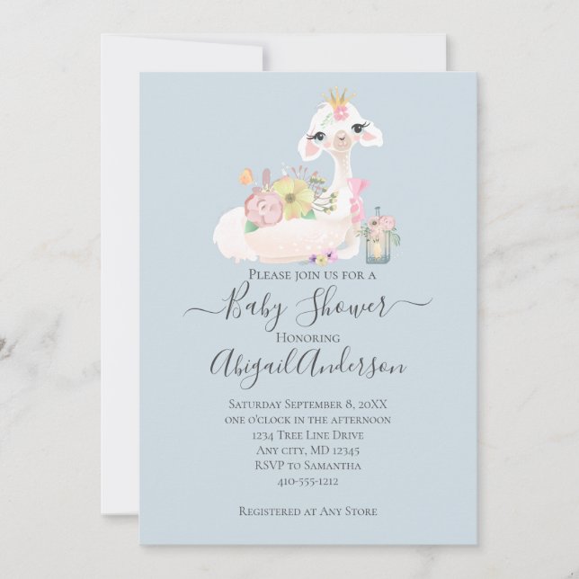 Baby Llama mit Blume White und Blue Baby Boy Einladung (Vorderseite)