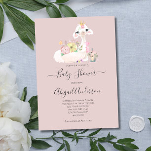 Baby Llama White Pink Blume Babydusche Einladung