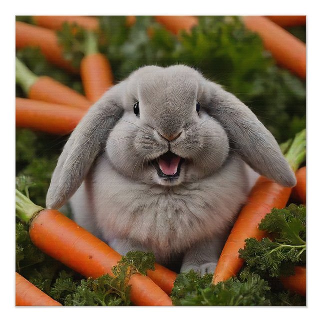 Baby Lop-Oared Bunny Hugging Carrots Poster (Vorderseite)