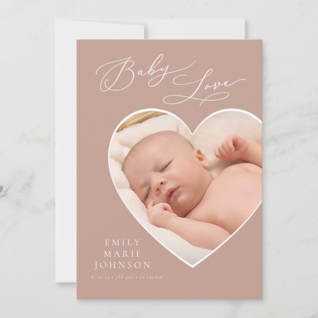 Baby Love Mauve Heart Photo Faire-part de naissanc (Devant)