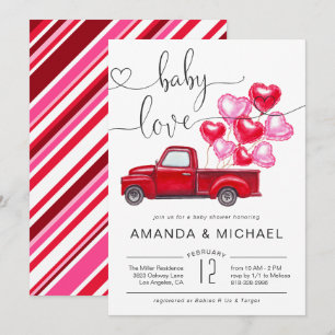 Baby Love   Roter LKW Herzballons Baby Shower Einladung