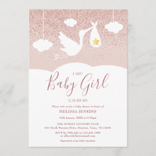 Baby Mädchen Baby Shower Storch Roségold Glitter Einladung