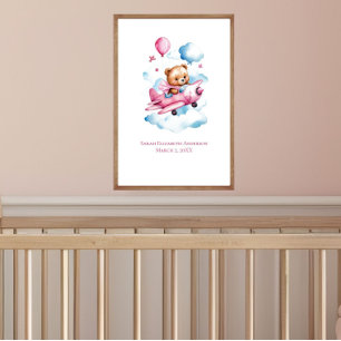 Baby-Mädchen-Bär-Flugzeug-Kinderzimmer-Wandkunst Poster