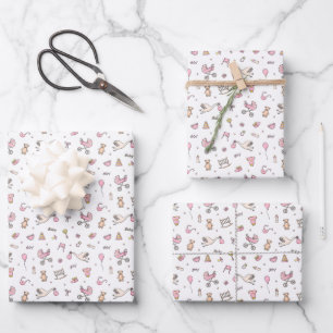 Baby Mädchen Dusche Storch Karosse Flasche Schnull Geschenkpapier Set