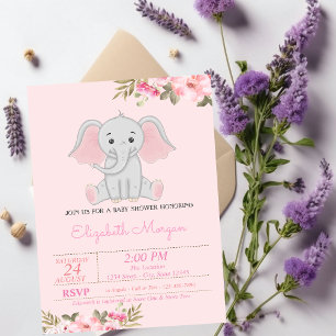 Baby-Mädchen-Elefant, Florale Babyparty Einladung