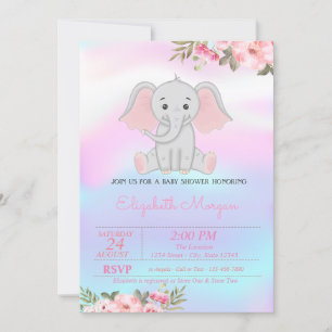 Baby-Mädchen-Elefant, florale holografische Babypa Einladung