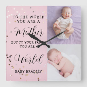 Baby Mädchen Erstes Jahr Foto-Collage Andenken ros Quadratische Wanduhr