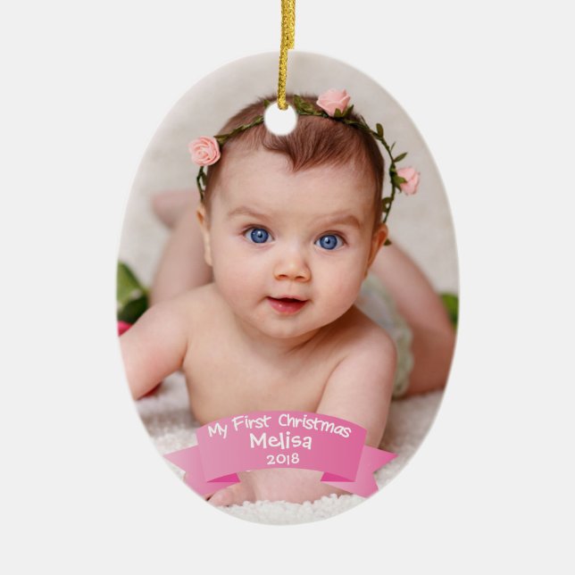 Baby-Mädchen-erstes WeihnachtsFoto Keramik Ornament (Vorne)