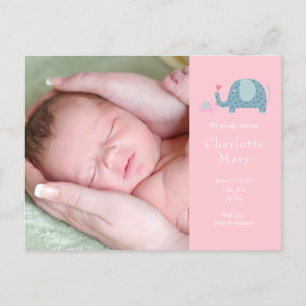 Baby Mädchen Foto Rosa Punkte Elefanten Geburt Ankündigungspostkarte