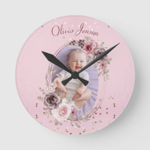 Baby Mädchen Foto Süß Elegant Modern Rosa floral Runde Wanduhr