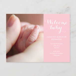 Baby Mädchen Fotos Skript Monogramm Rosa Geburt Ankündigungspostkarte