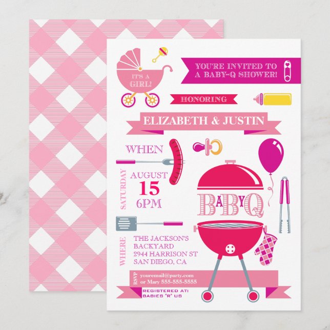 Baby-Mädchen - moderne GRILLEN Duschen-Einladung Einladung (Vorne/Hinten)