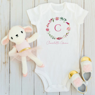 Baby Mädchen Monogramm Rosa Wasserfarbe Floral Strampler
