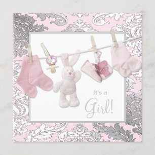 Baby-Mädchen-Party mit rosa Wäscheleine Einladung