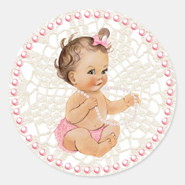 Baby Mädchen. Perlen und Spitzen-Sticker Runder Aufkleber (Vorderseite)