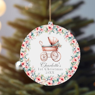 Baby Mädchen Rosa Floral Erstes Weihnachten Kinder Keramik Ornament