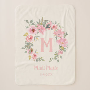 Baby Mädchen Rosa Floral Salbeigrüne Blätter Monog Sherpadecke