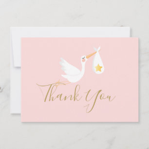 Baby Mädchen Rosa Storch Goldener Stern Schriftart Dankeskarte