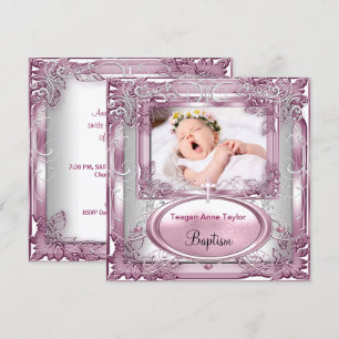Baby Mädchen Rosa Taufe Taufe Kreuz Weiß Einladung