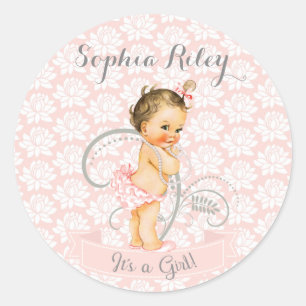 Baby Mädchen Rosa Weiß & Grau Runder Aufkleber