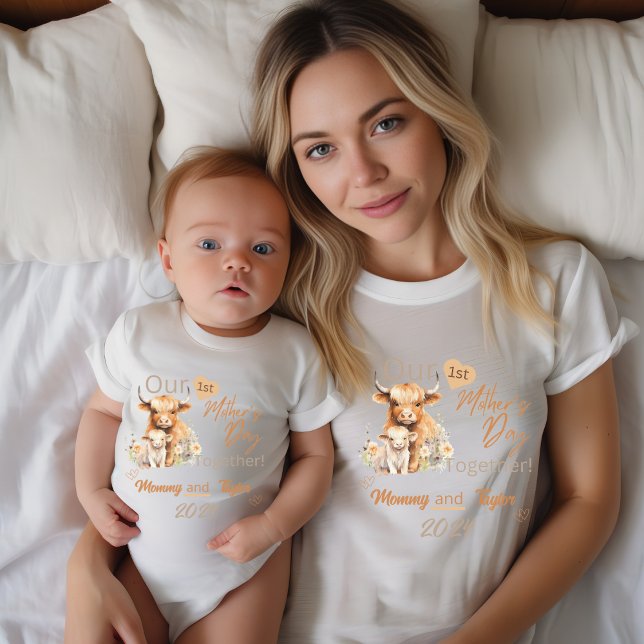 Baby Matching Highland OurFirstMother'sDayTogether Baby Strampler (Baby Matching. Highland cow and baby. Our First Mother's Day Together!)