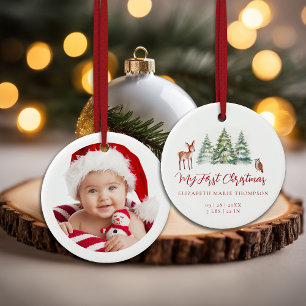 Baby Mein erstes Weihnachten Reh Eule Wald Foto Keramik Ornament