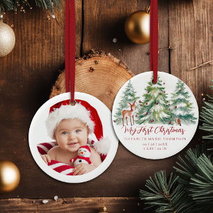 Baby Mein erstes Weihnachten Waldkauz Reh Foto Keramik Ornament