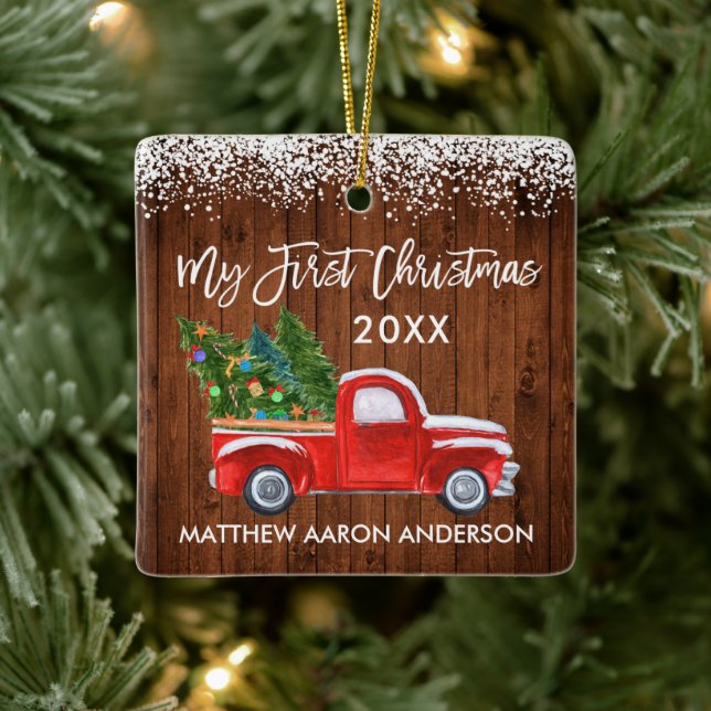 Baby Mein erstes Weihnachts Red Truck Woodschnee Keramikornament (Baum)