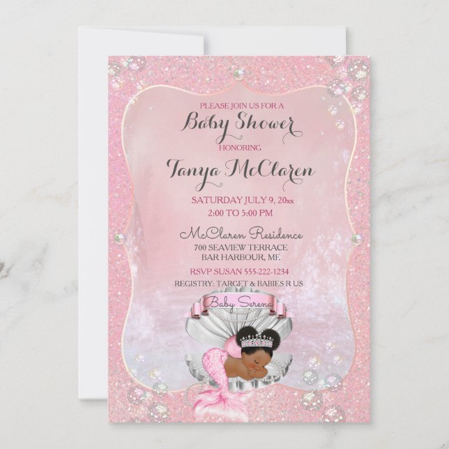 Baby Mermaid Afrikanisch-Amerikanische Pink-Musche Einladung (Vorderseite)