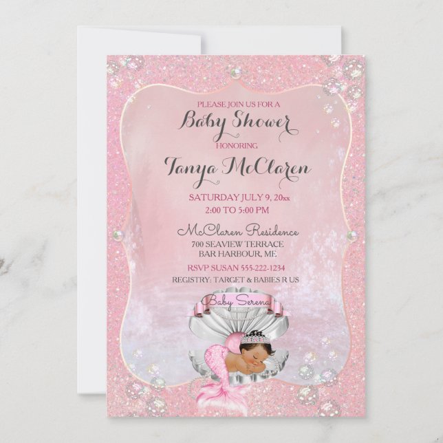 Baby Mermaid Ethnic Pink Muschel Pearls Einladung (Vorderseite)