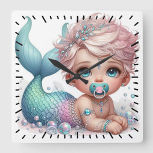 Baby Mermaid Quadratische Wanduhr