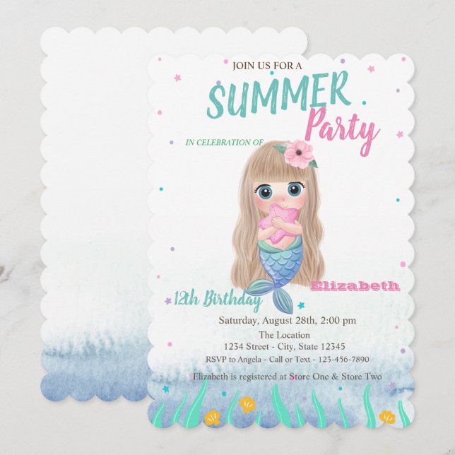 Baby Mermaid Seashells Geburtstagsparty Einladung (Vorne/Hinten)