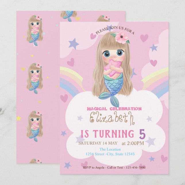 Baby Mermaid Stars Rainbow Birthday Einladung (Vorne/Hinten)