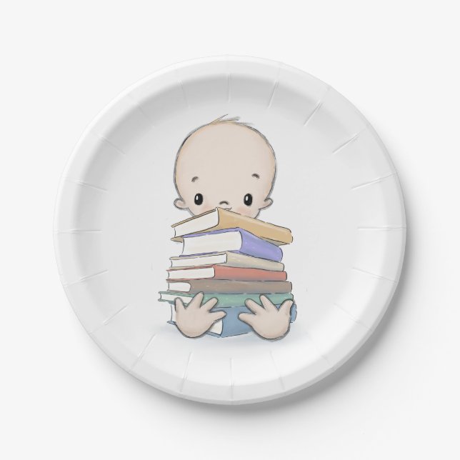 Baby mit Bücherdusche Pappteller (Vorderseite)