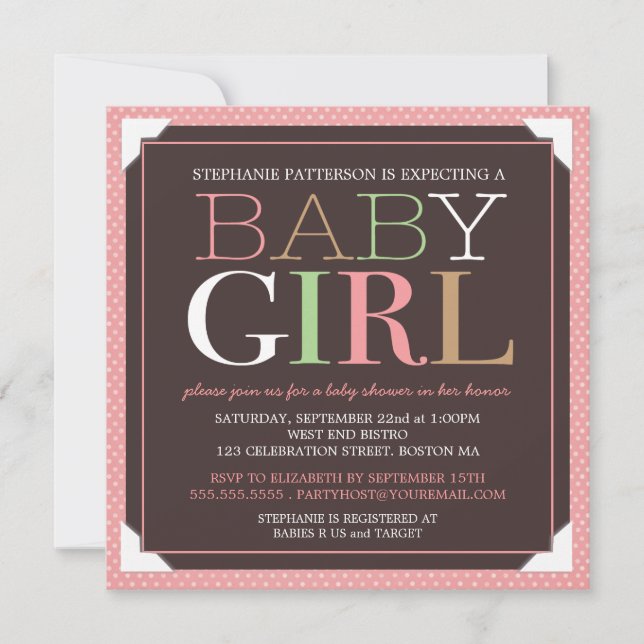 Baby-modernes Rosa u. Brown-Babyparty Einladung (Vorderseite)