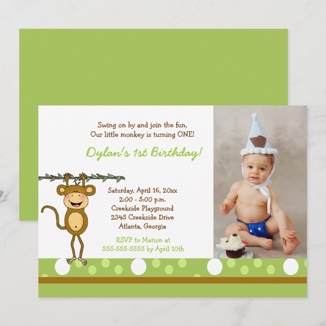 Baby Monkey Boys Photo Anniversaire Invitations (Devant / Derrière)