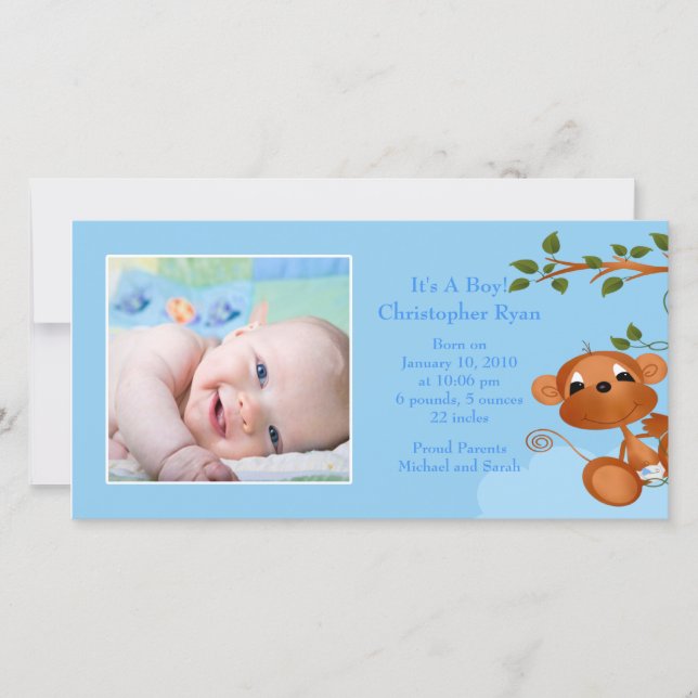 Baby Monkey FOTO Boy Birth Ankündigung (Vorderseite)