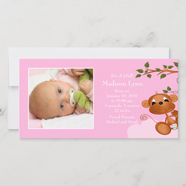 Baby Monkey FOTO Girls Geburtserklärung Ankündigung (Vorderseite)