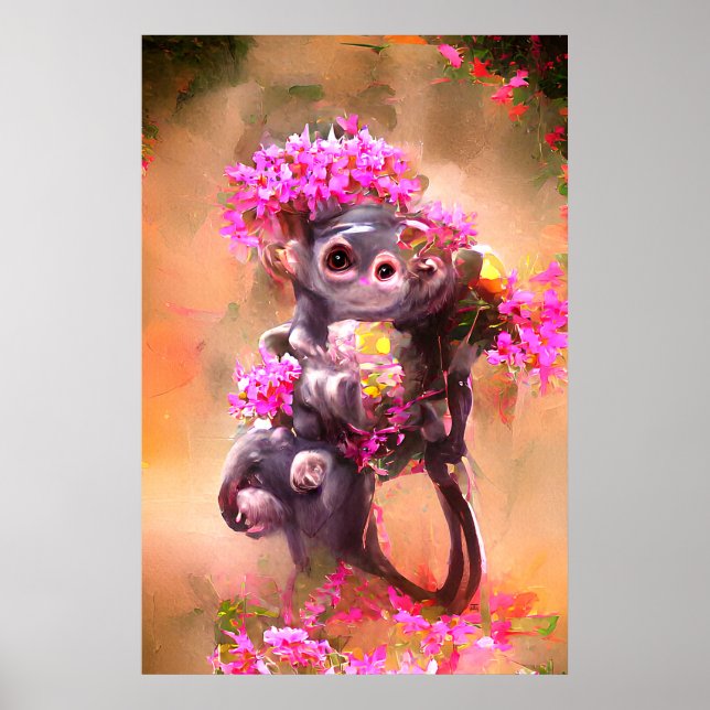 Baby Monkey mit Blume Poster (Vorne)