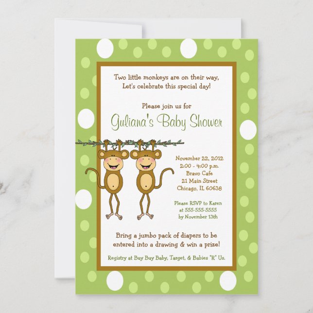Baby Monkey TWINS 12x18 Baby Dusche Einladungen (Vorderseite)