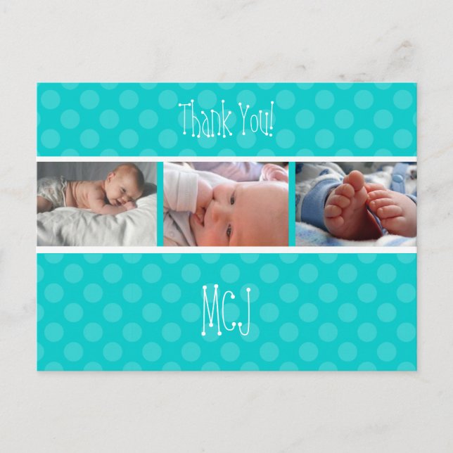 Baby monogram danke, polka dots ankündigungspostkarte (Vorderseite)