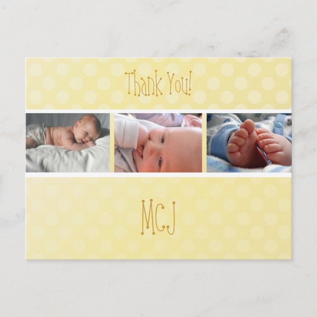 Baby monogram danke, polka dots ankündigungspostkarte (Vorderseite)