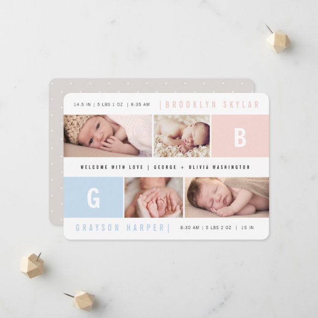 Baby Monogram Girl Twins 4 Multi Foto Birth Ankündigung (Vorderseite/Rückseite Beispiel)
