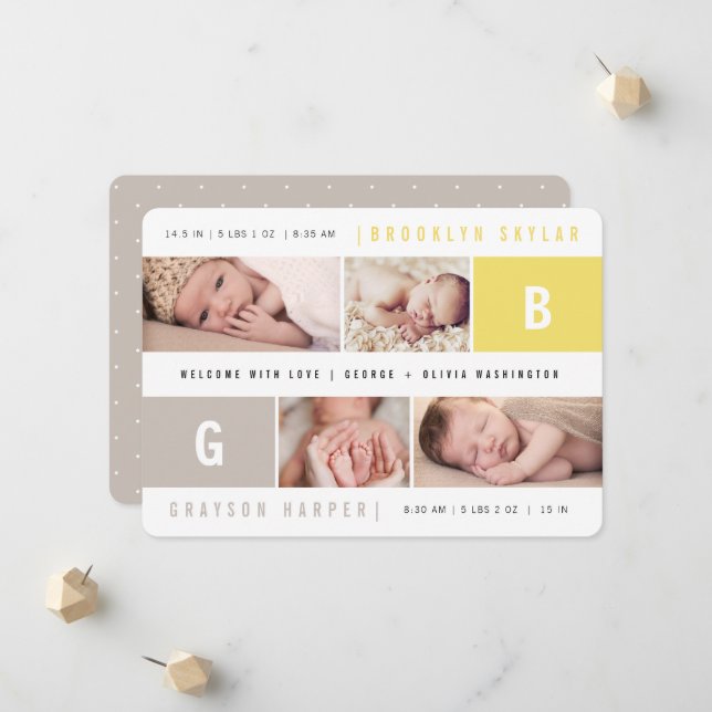 Baby Monogram Girl Twins Gelb 4 Foto Geburt Ankündigung (Vorderseite/Rückseite Beispiel)