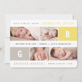 Baby Monogram Girl Twins Gelb 4 Foto Geburt Ankündigung